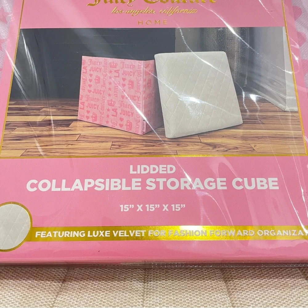 NEW Juicy Couture Pink Logo Lidded Collapsible Storage Cube White Quilted Velvet